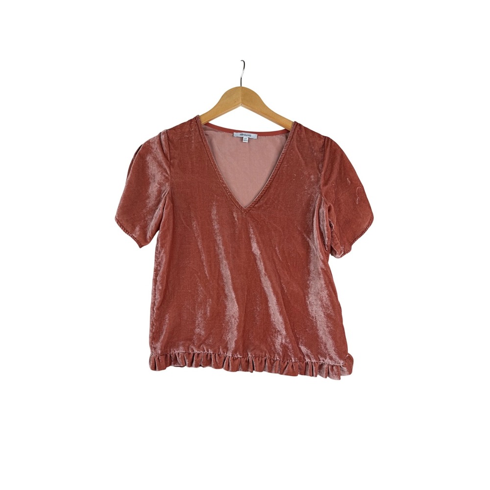 Madewell Velvet V-neck Tulip Sleeve Ruffle Top size XXS Rust Red